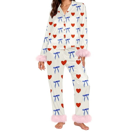 Chuancc Valentines Silk Pajamas for Women Silk Long Sleeve Sleepwear Cute Valentines Day Pajamas Silk Long Sleeve Nightwear Button-Down Sleepwear Holiday Pajamas for Women White L