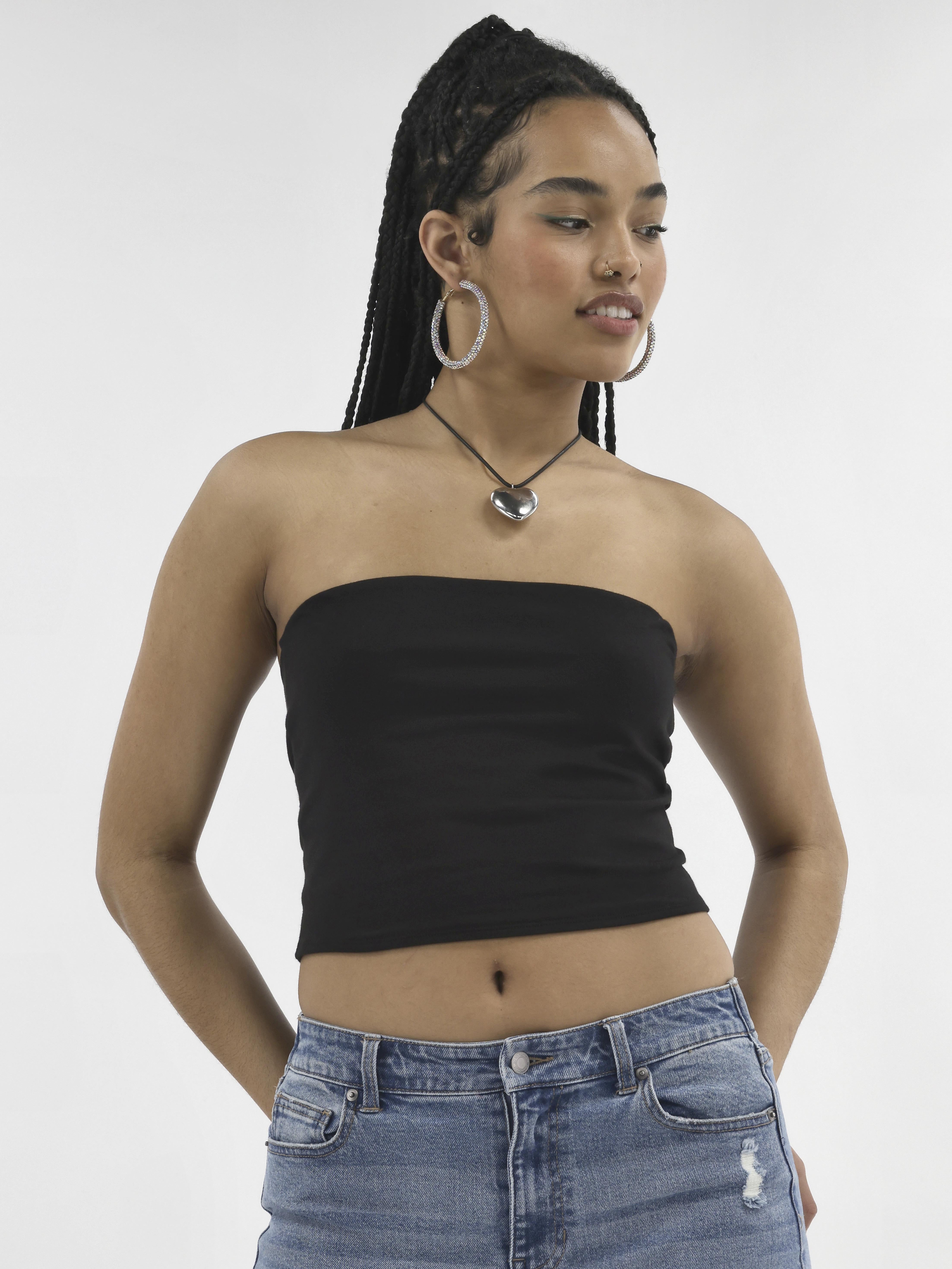 No Boundaries Strapless Cropped Tube Top for Women, Fitted, Cotton