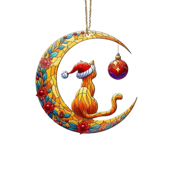 Christmas Adorable Cat in Santa Hat Stained Glass Style Ornament and Decor丨C