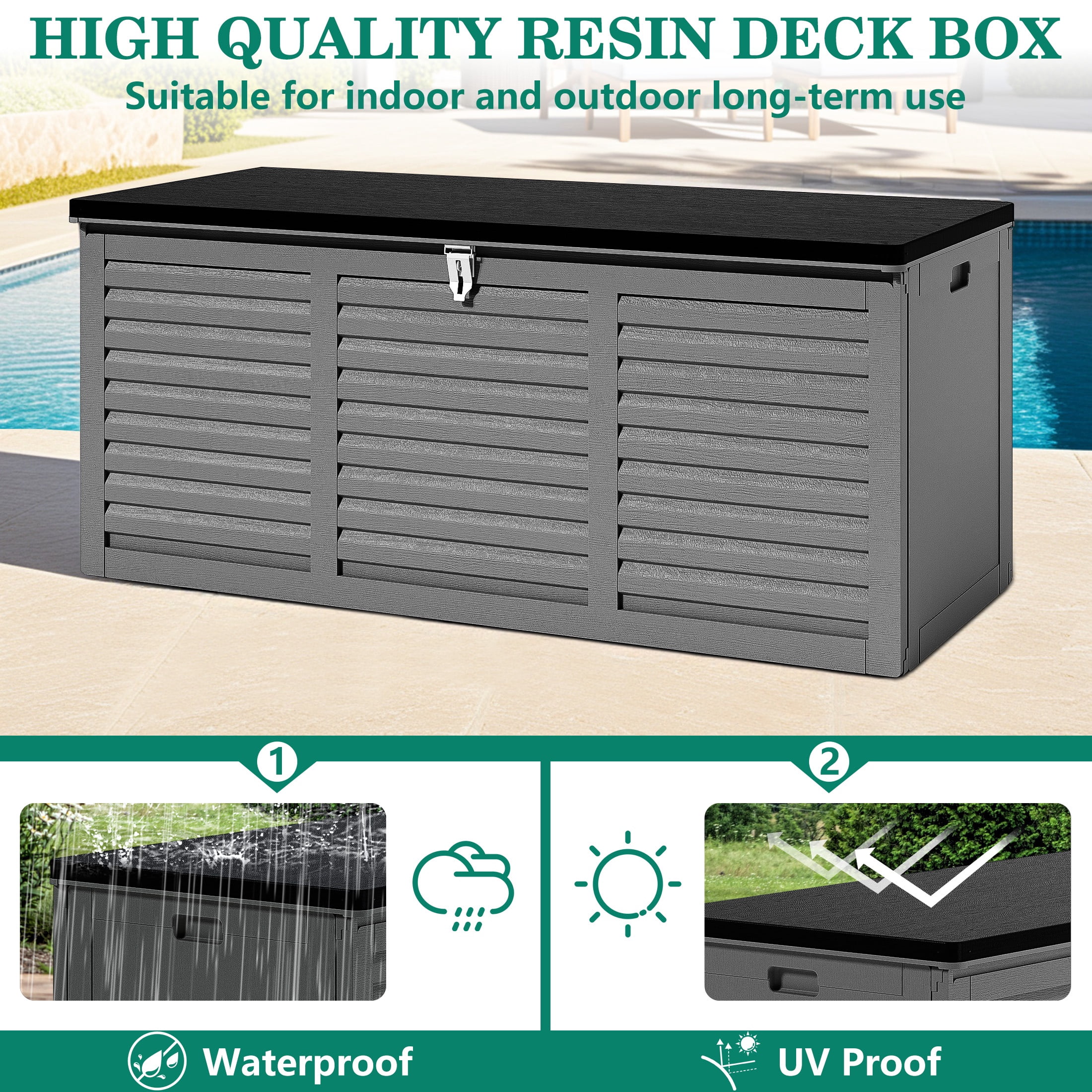 130 Gallon Resin Deck Box, Outdoor Lockable Storage Container for Patio Cushions, Garden Tools, Pool Supplies, Toys, Water Resistant and UV Resistant, Reinforced Rib Design, Gray