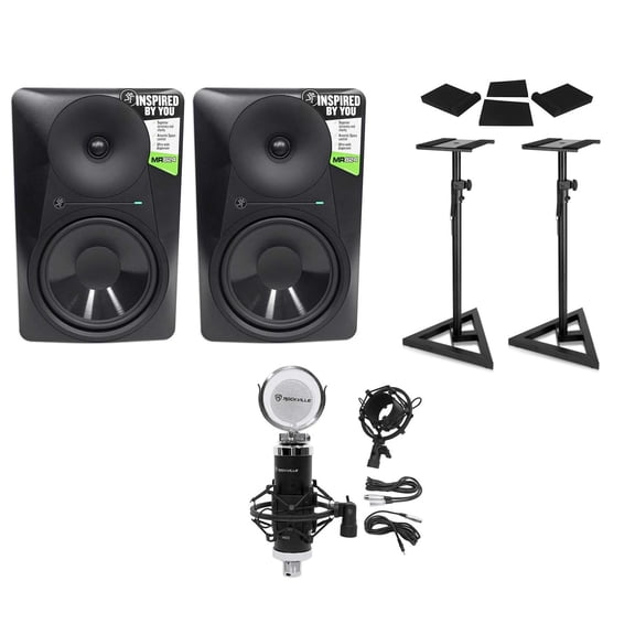 Mackie MR824 Bundle: (2) 8" 170-Watt Powered Studio Monitors Class A/B Bi-Amped Studio Monitors, RVSM1 Pair of Monitor Stands, RRS263M Foam Isolation Pads, RCM03, 5-items