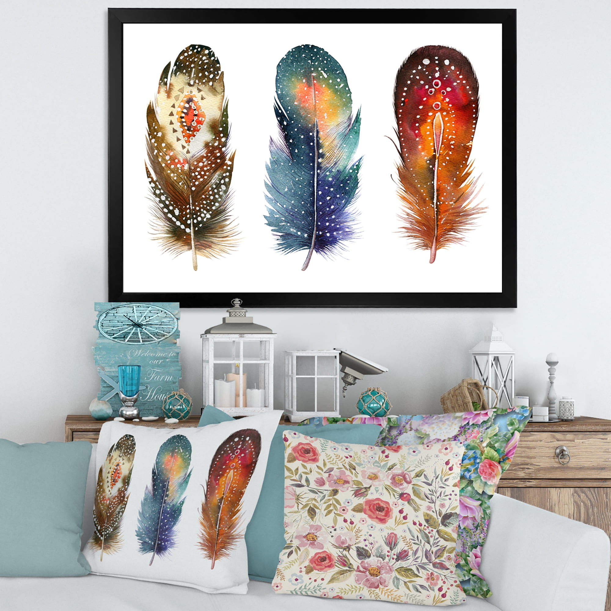 Designart 'Colourful Boho Art Feather Set IX' Bohemian & Eclectic Framed Art Print