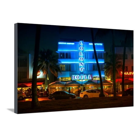 Miami Beach Art Deco District - The Colony Hotel by Night - Ocean Drive - Florida Stretched Canvas Print Wall Art By Philippe