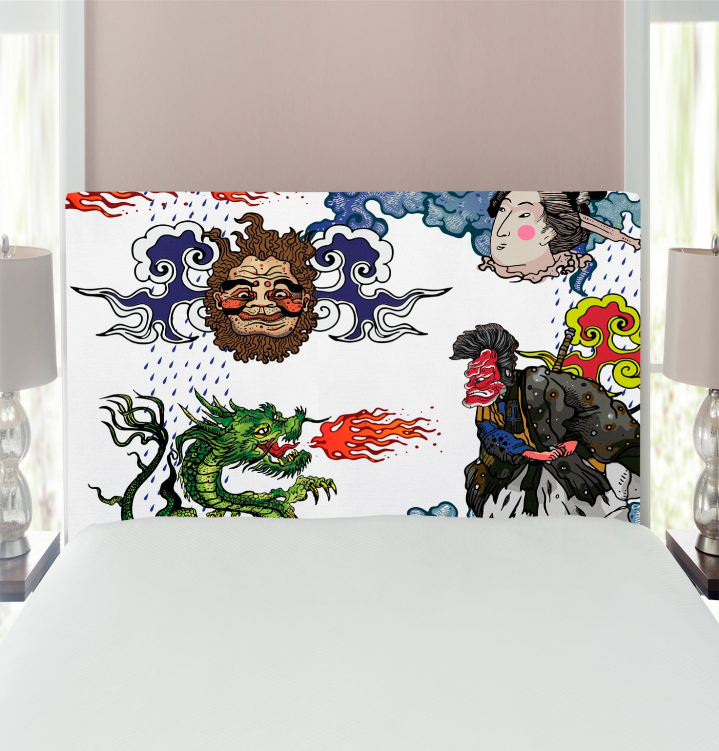 Dragon Headboard, Japanese Manga Dragon with a Man with Kimono Geisha