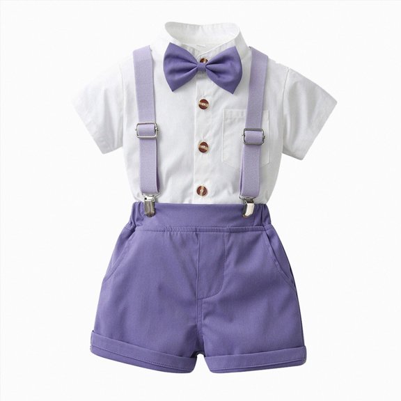Xudanell Baby Boy Formal Short Set Toddler Summer Gentleman Outfit Kid Short Sleeve Bowtie Shirt Suspender Shorts Suit (12-18 Months,Purple)