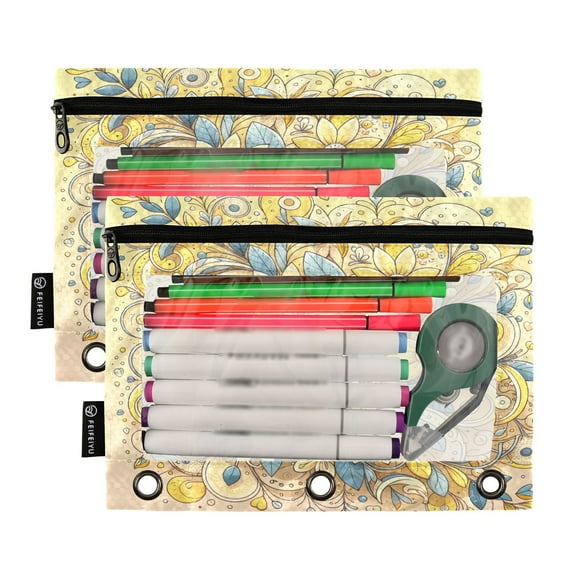 Ckdifva Elegant Flowers Yellow Pencil Pouch 3 Ring Zipper Pencil Case Binder Pockets Clear Top Cosmetic Bag 2 Pack