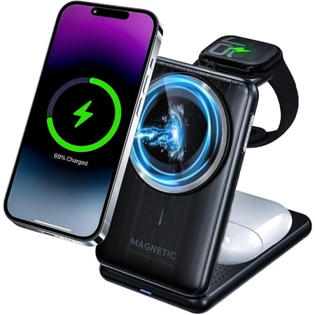 Upgraded 3-in-1 Magnetic Wireless Charger, Foldable Charging Station, Electromagnetic Induction Base,Compatible with MagSafe,Compatible with iPhone 12-17 Series, Apple Watch, and AirPods