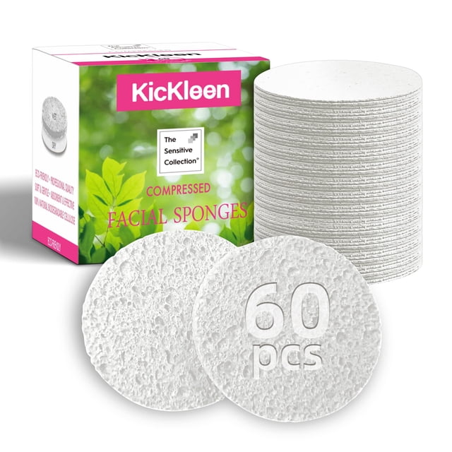 Esponjas faciales comprimidas de 60 unidades | Esponjas cosméticas de spa de celulosa Kickleen naturales para limpieza facial diaria | Eliminación de maquillaje y mascarillas | Exfoliante | Masaje d