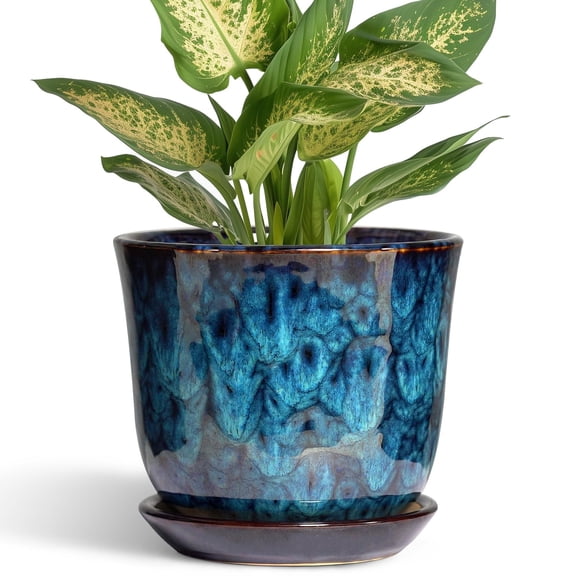 Ceramic Plant Pot 5.6 Inch, Round Indoor Flower Pots with Drainage & Saucer for Succulents & Small Plants, Modern Decorative Planter, Blue Glaze
