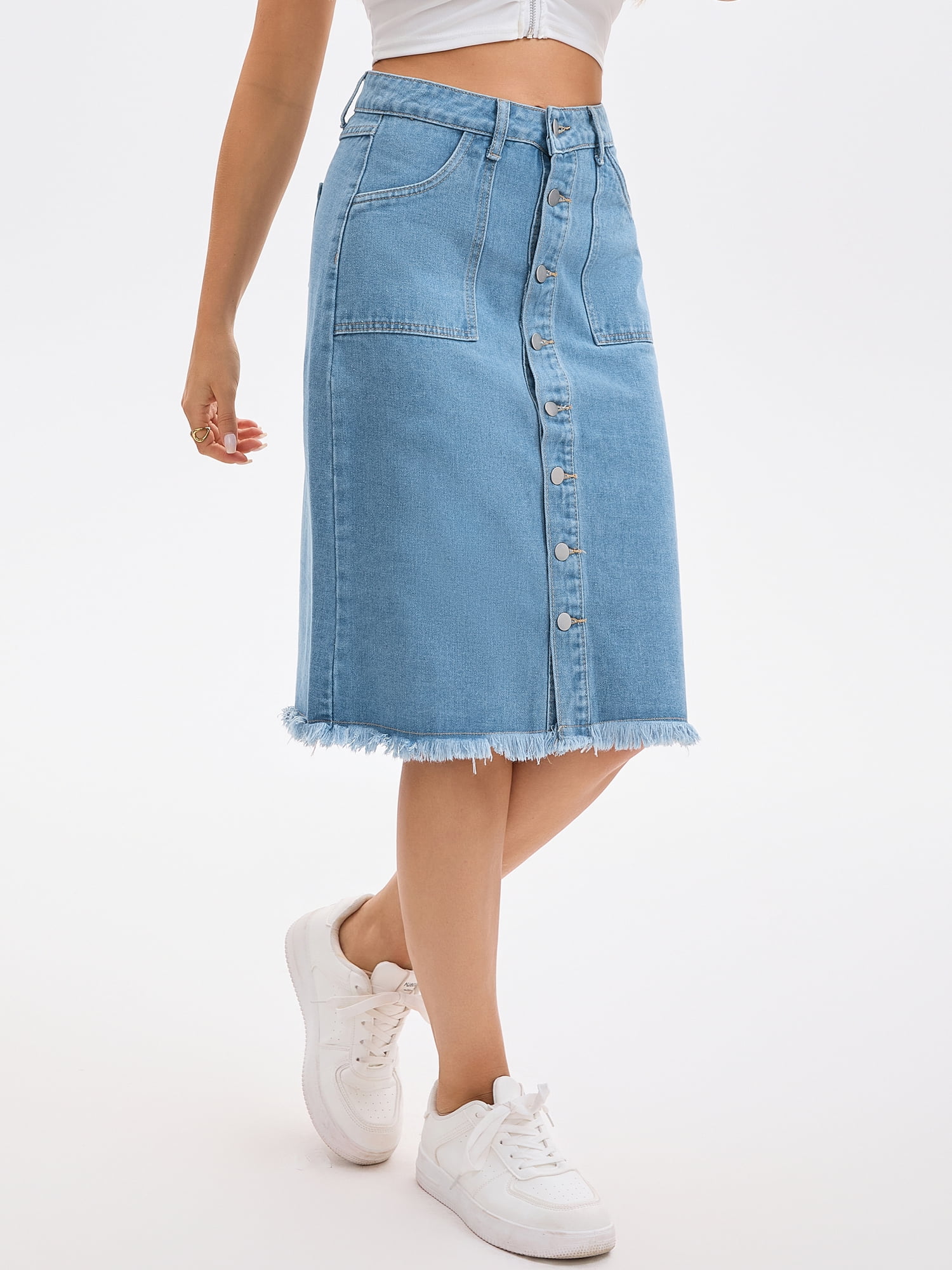 DARING DIVA Women's Denim Raw Hem Button Down Pencil Skirts Medium Light Blue