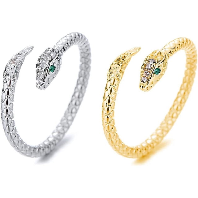 (Paquete de 2) (D) Anillos abiertos de serpiente vintage Anillo de dedo índice de cruz de cristal Anillos ajustables sonrientes Anillo de pintail Joyería Regalos para mujeres y niñas