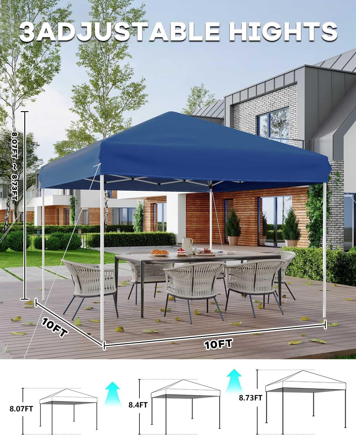 10x10 Pop Up Canopy Tent, Outdoor Tent with 3 Adjustable Height, Easy Set Up Canopy with 4 Sandbags & Carrying Bag for Camping, Parties, Outdoor Events -Blue