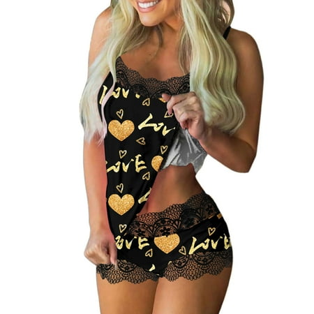 

OVTICZA Women s Lace Love Print Lounge Nightwear Cami Top and Shorts Sets Pj Set Two-Piece Sleepwear Pajamas Set Gold XL