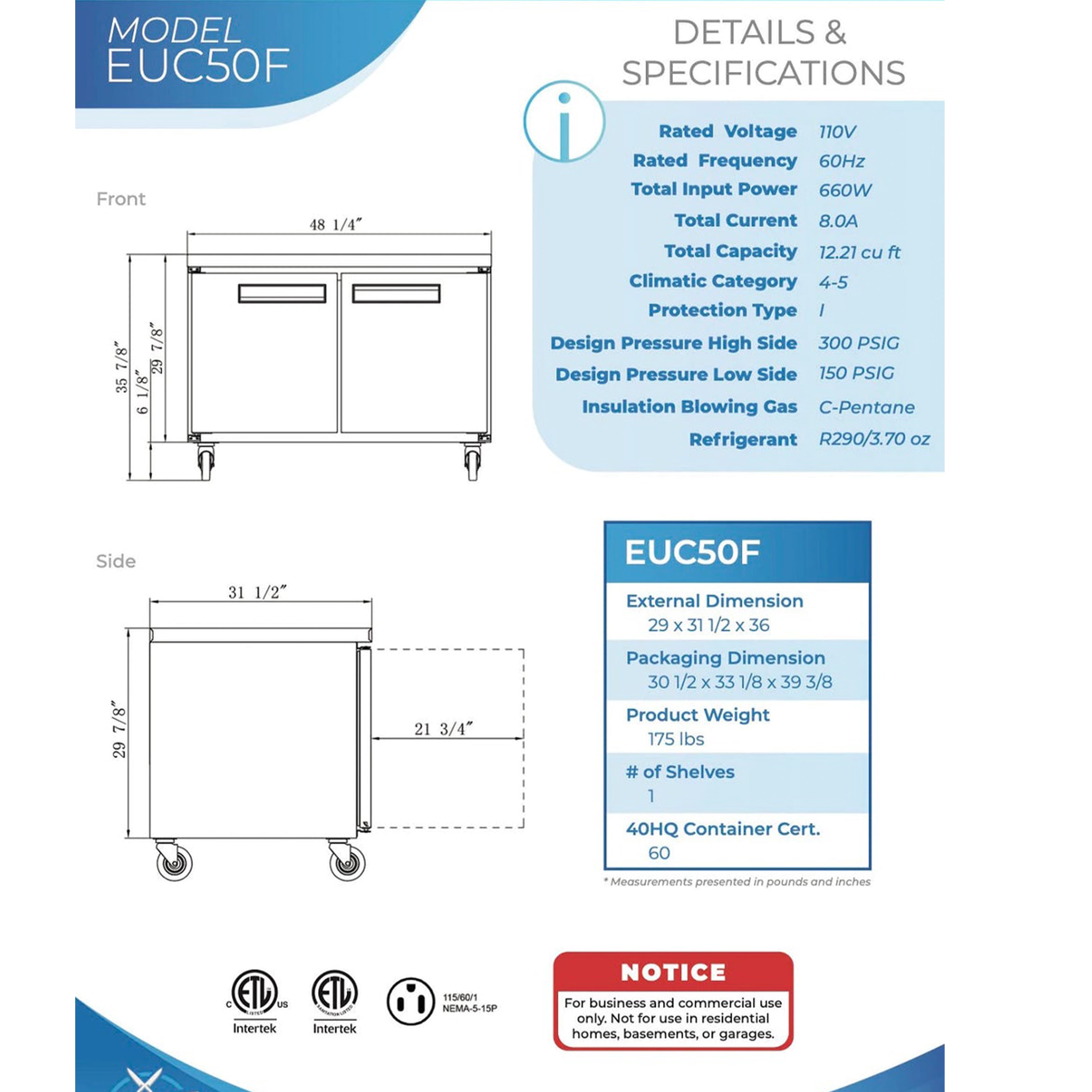 48 in. Two-Door Undercounter Freezer 12.2 Cu.Ft. Worktop Commercial Freezer, NSF Certified