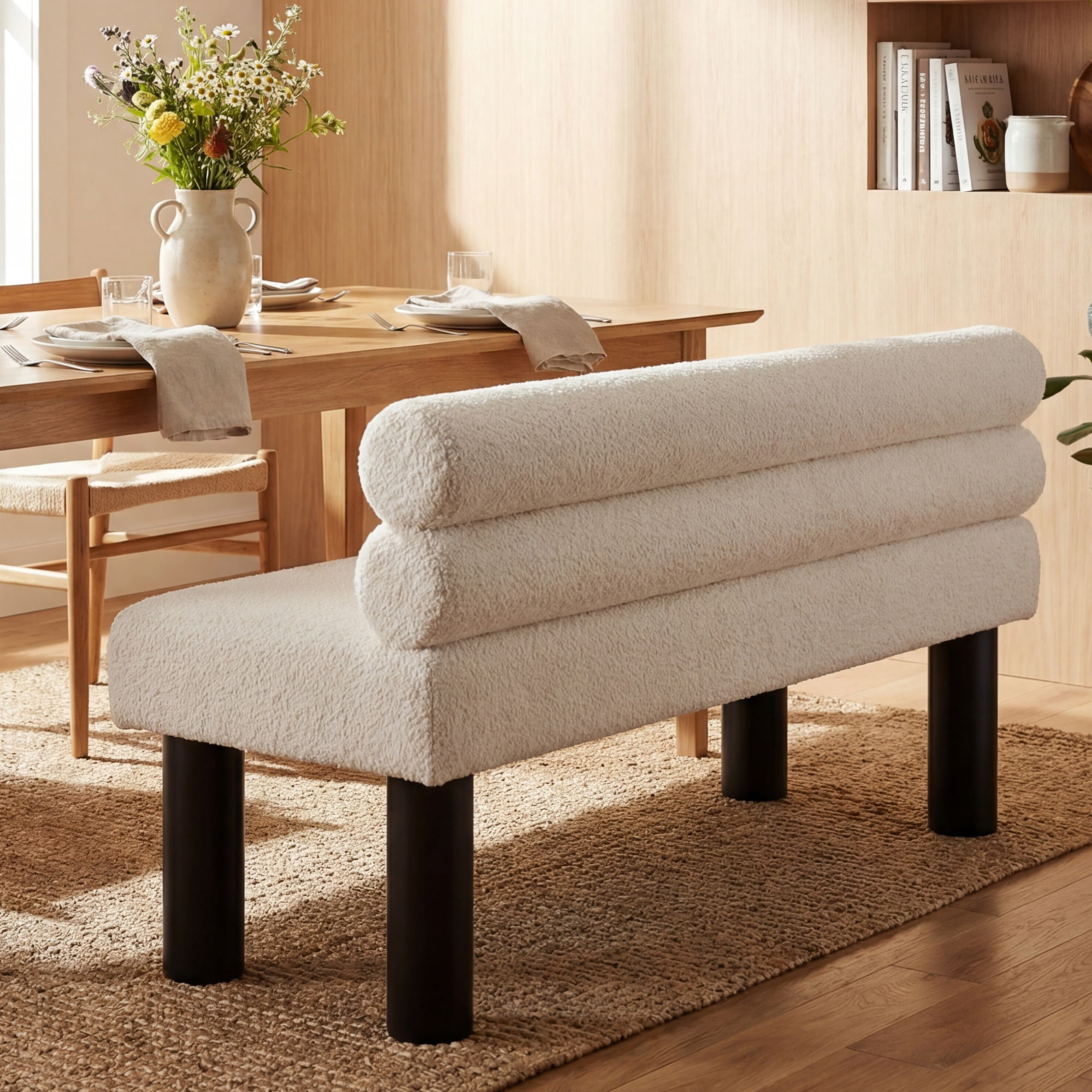 Leumius Upholstered Dining Bench, Entryway Bench, Ottoman for Dining Room, Bedroom, Living Room, Rubber Wood Leg 300 LBS Support, Beige