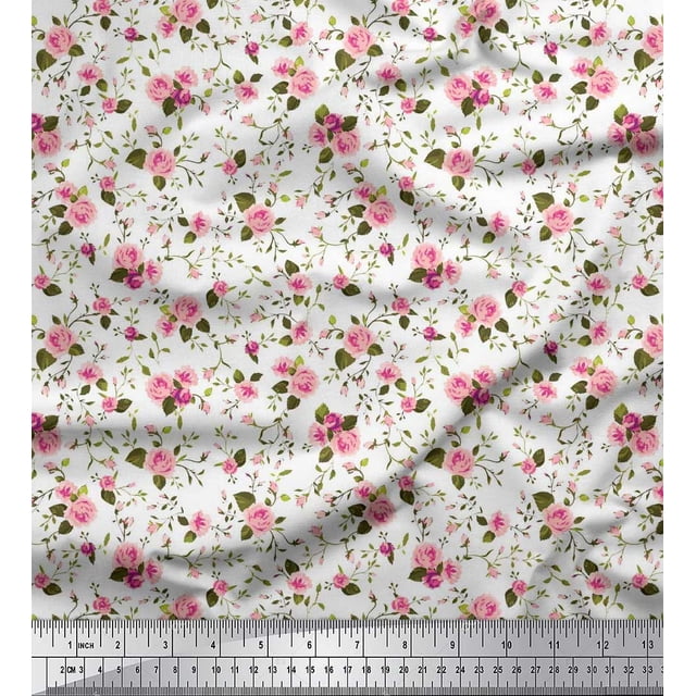 Soimoi Polyester Crepe Fabric Leaves & Rose Flower Print Sewing Fabric Yard 42 Inch Wide