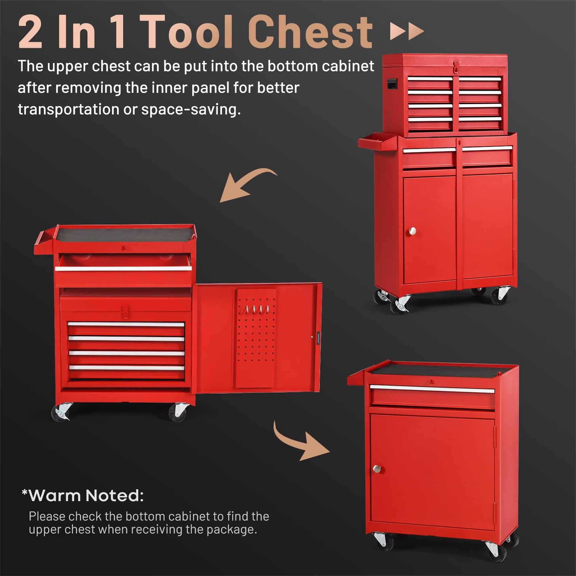 Aukfa Tool Box, 2 in 1 Steel Rolling Tool Chest & Cabinet On Wheels for Garage, 5-drawer, Red