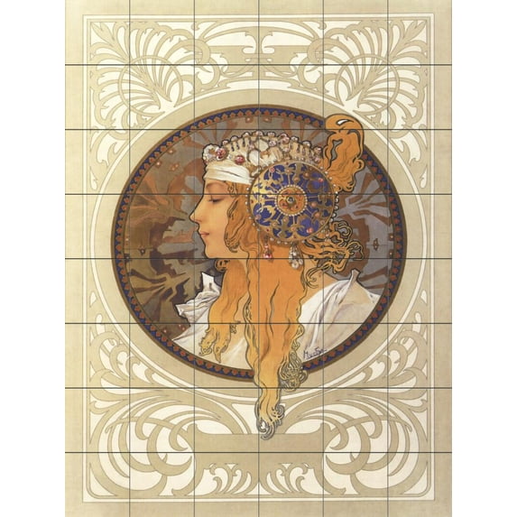 Tile Mural Kitchen Backsplash - Byzantine Heads - Blonde - by Alphonse Mucha