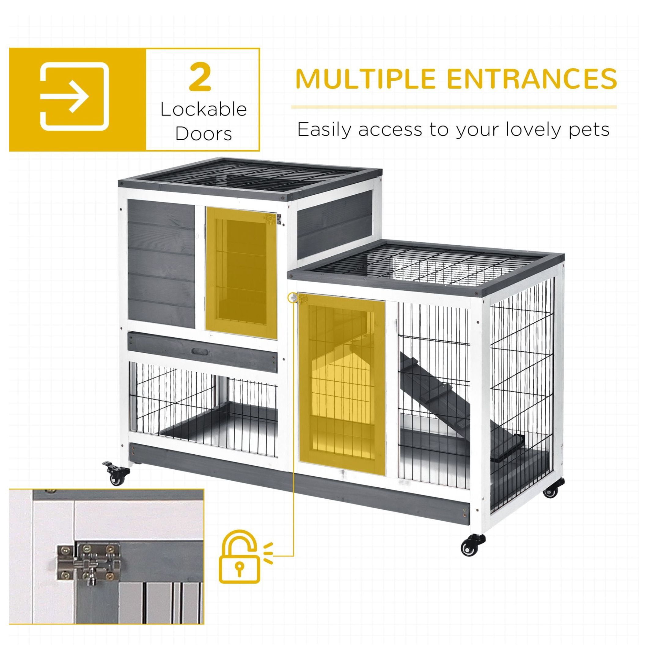 Elevated Bunny Cage Indoor Rabbit Hutch with Wheels Ramp Removable Tray for Guinea Pigs Gray