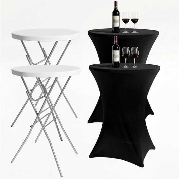 2-Pack 28 Inch Round Folding High Top Cocktail Tables with Dual Black Tablecloths, Portable Bar Height Bistro Set, Detachable Legs, Heavy Duty Indoor Outdoor Furniture for Wedding, Party & Events