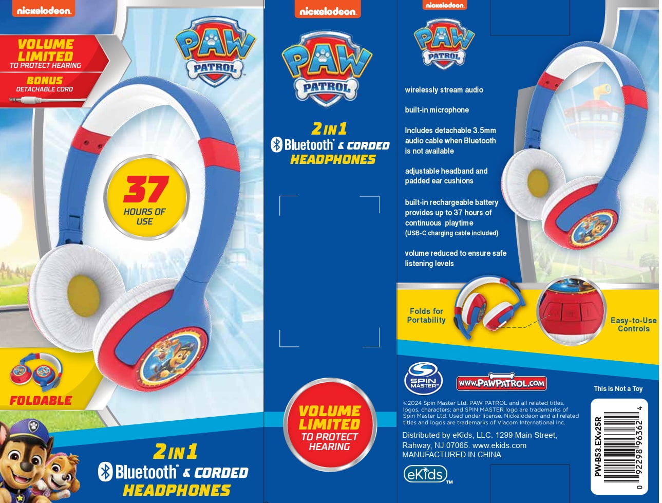 eKids Wireless Headphone for kids, Foldable, with Microphone Includes Aux Cord, Earphones, with Bluey, Disney Princess and Paw Patrol