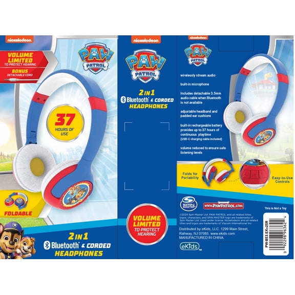 eKids Paw Patrol Wireless Headphonee for kids, Foldable, with Microphone Includes Aux Cord, Earphones