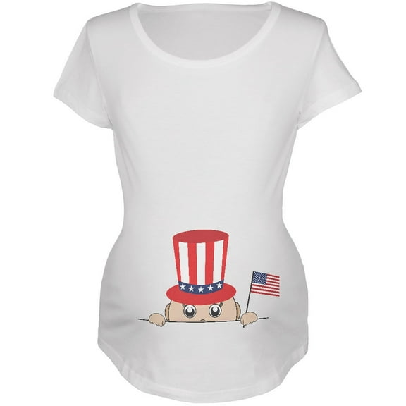 4th of July - Peeking Baby White Maternity Soft T-Shirt - Large