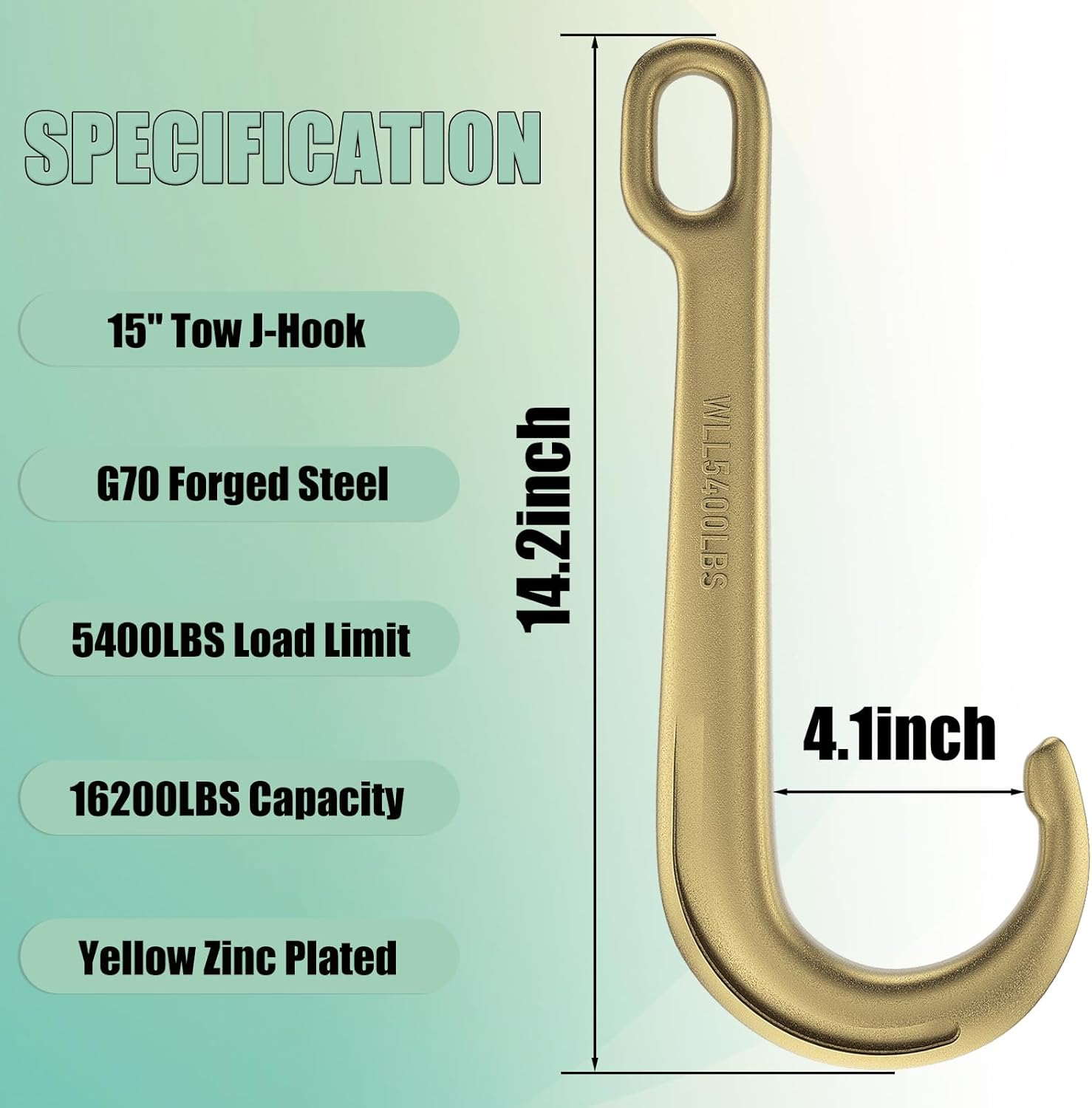 2PCS 15" Heavy Duty J Hooks for Towing, Yellow Zinc Plated Tow J Hook Grade 70 Clevis J Hook for Transport Chain, 5400LBS Capacity Heavy Load