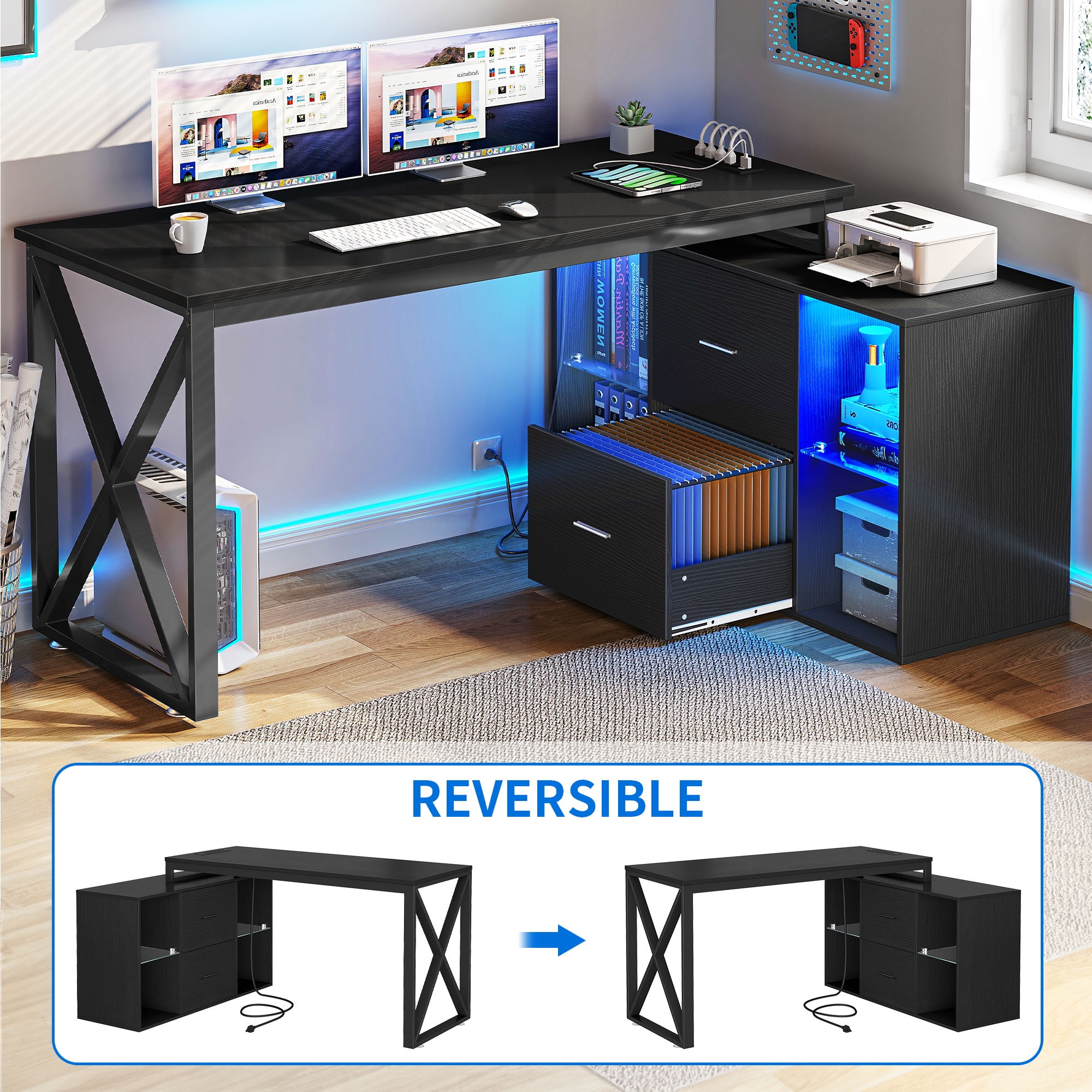 Dextrus L Shaped Desk with LED Light & Power Outlets, 55 inch Reversible Corner Desk with File Cabinet & Storage Shelves, Computer Desk Office Desk Writing Desk for Home Office, Black