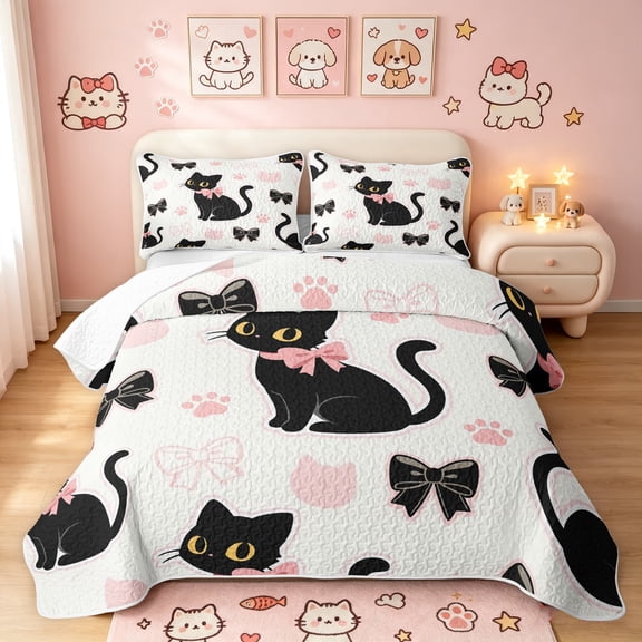 Manfei Kawaii Black Cat Twin Quilt Set, Bow Paw Twin Coverlet Set, White Pink, 2pcs, 1 Bedspread and 1 Pillowcase