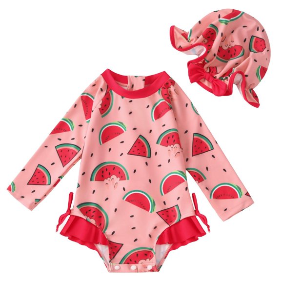 PRfgtbd Infant Baby Girls Swimwear One Piece Swimsuits Summer Bathing Suits And Sun Hat Cute Cartoon Watermelon Print Rash Guard Swimsuit Beachwear 12-18 Months
