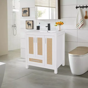 FULLWATT 30 Inch Freestanding Bathroom Vanity Floating Cabinet Ceramic Sink Faucet Combo, White Rectangular Ceramic Vanity, Rattan Modern Bathroom Storage Cabinet, White
