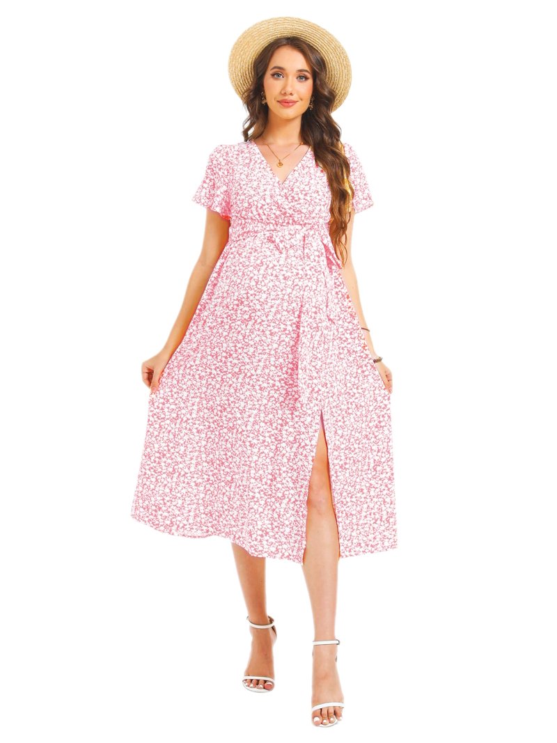 knee length dresses for ladies Ditsy Floral Lace Up Midi Dress (Cream/Yellow) – Megoosta Fashion main image 1