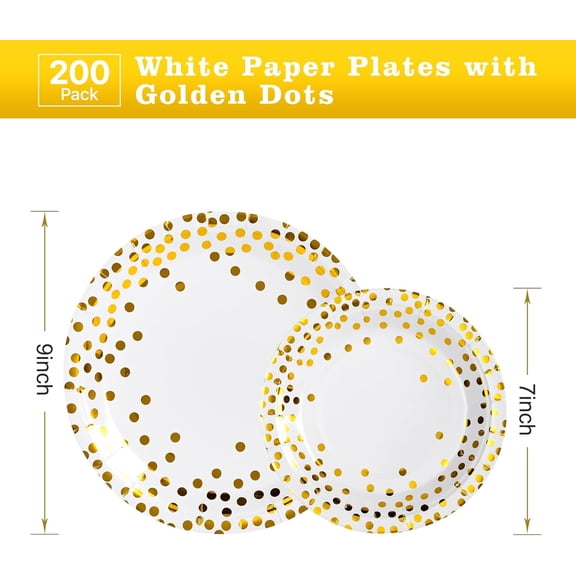 YUYAN-200PCS White Paper Plates, Disposable White and Gold Paper Plates, 100pcs Dinner Plates 9", 100pcs Dessert Plates 7", Party Plates with Golden Dot for Birthday, Gathering