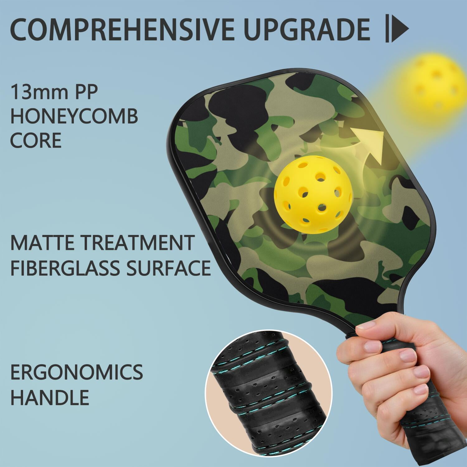 Pickleball Paddles Set Of 1, Fiberglass Surface, Camouflage Print, 1 Paddle, 2 Balls & Bag