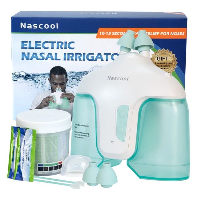 Nascool Sistema de Riego Nasal Eléctrico con 50 Paquetes de Sal, Sinusitis Enjuague Cuidado de la Salud para Adultos y Adolescentes
