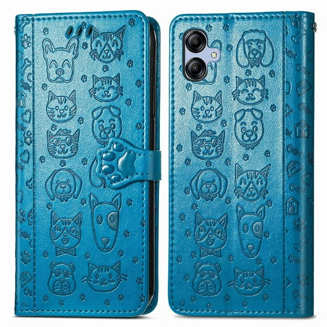 Funda Cartera FOXDOCK para Samsung Galaxy A04E , Flip PU con Relieve de Gatos y Perros, Tarjetero y Soporte