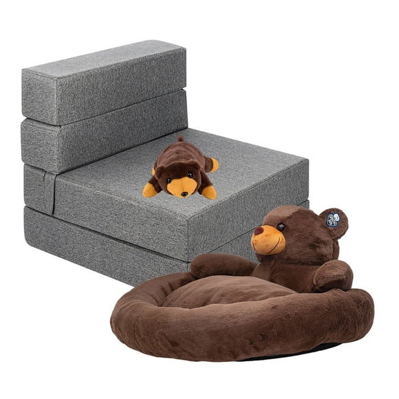 Sillón Plegable Individual Gris Claro+ Cama para Perro y Peluche de Oso