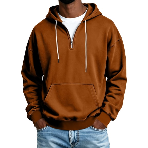 Iaqnaocc Mens Hoodies Half Zip Pullover Casual Fashion Long Sleeve Drawstring Big and Tall Fall Winter Hoodie Sweatshirt Brown 4XL