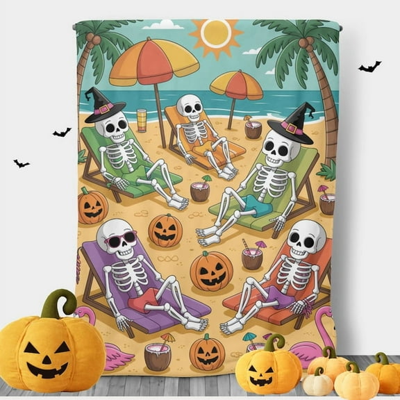 Halloween Blanket for Summerween, Skeletons and Flamingos, Tropical Spooky Season Decor, Halloween Blanket, Cozy Cottagecore Decor, Spooky Blanket 50x60in