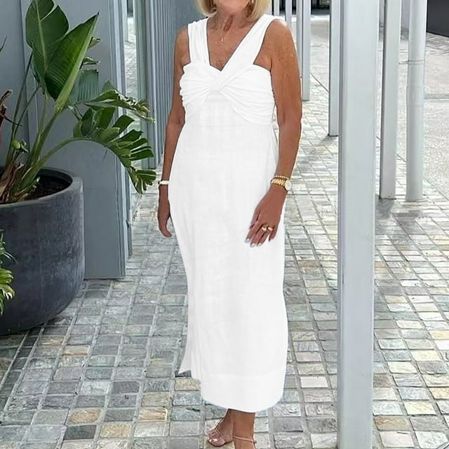 Fankiway Robe d'Été Sans Manches à Col en V pour Femmes, Robe Décontractée Ample, Robes de Plage Grande Taille, Robes de Plage pour Femmes