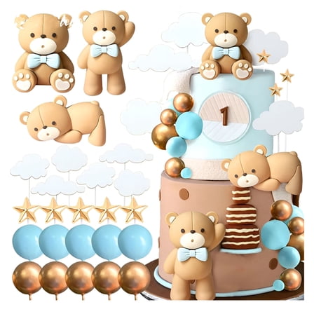 FEZOR 24Pcs Blue Bear Cake Toppers White Cloud Star Gold Blue Balls Baby Bear Cake Decorations for Birthday Baby Shower Party Decor