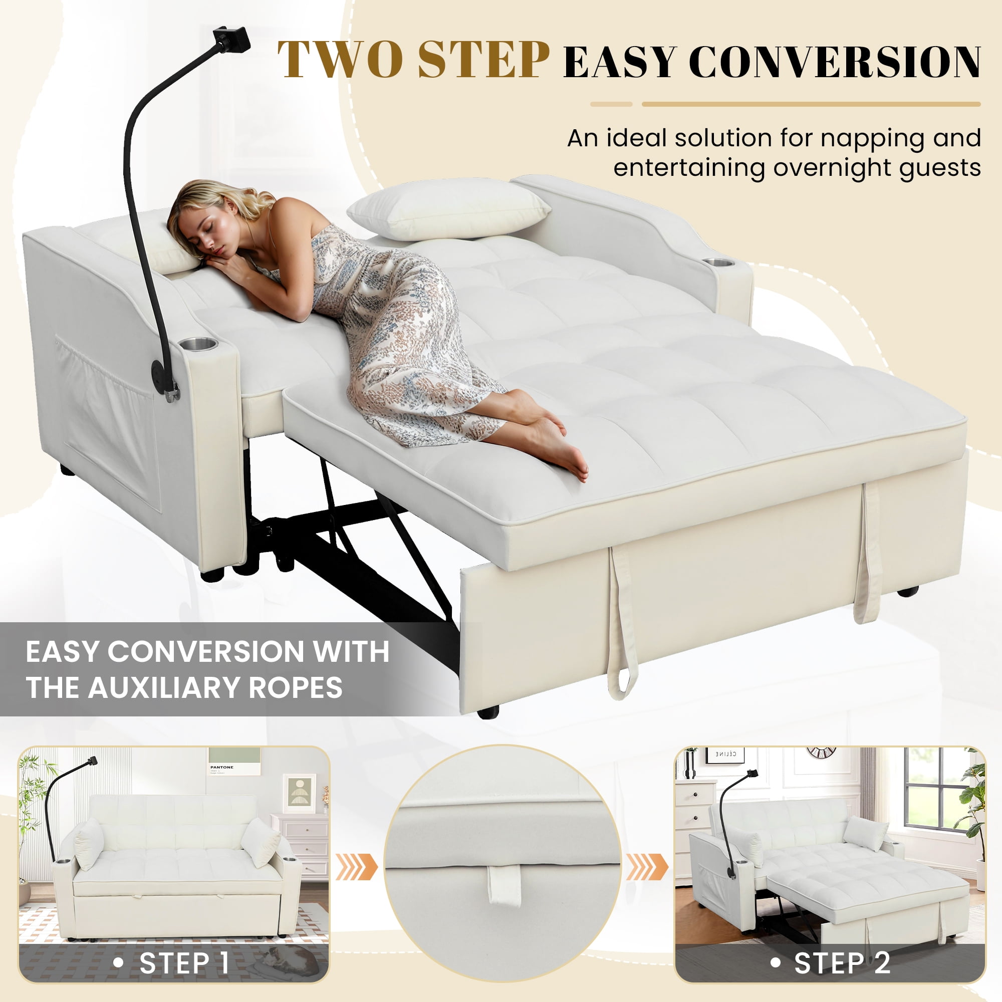 Dinosisco 3-in-1 Convertible Loveseat Sleeper, 55" Futon Sofa Bed with Phone Stand, USB, Beige Velvet