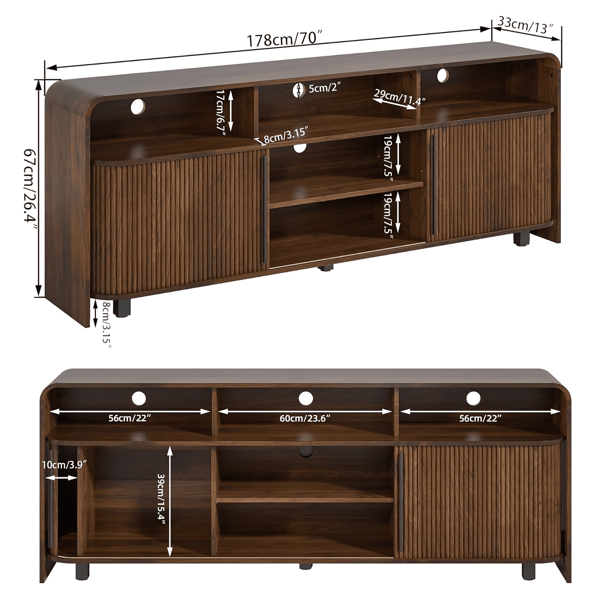 Mid Century Modern TV Stand for Bedroom, Fluted Entertainment Center for TVs up to 75 Inch, Media Console with Sliding Doors for Living Room, Walnut
