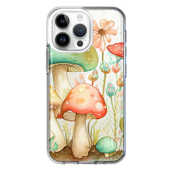 MUNDAZE Case for Apple iPhone 15 Pro Max Slim Hard Shell Soft TPU Hybrid Shockproof Heavy Duty Protective Phone Cover - Fairy Tale Watercolor Mushrooms Pastel Spring Flowers Floral