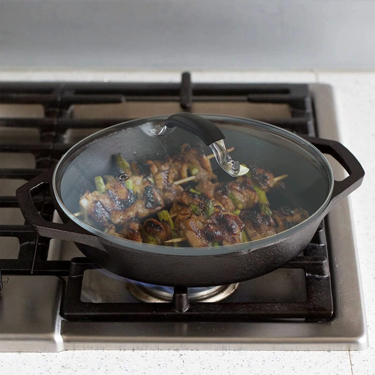 12 Inch Tempered Glass Pot Lid Compatible with 12” Lodge Cast Iron Skillets and 7 Quart Dutch Ovens - Designed with Steam Vent Hole and Heat Resistant Handle