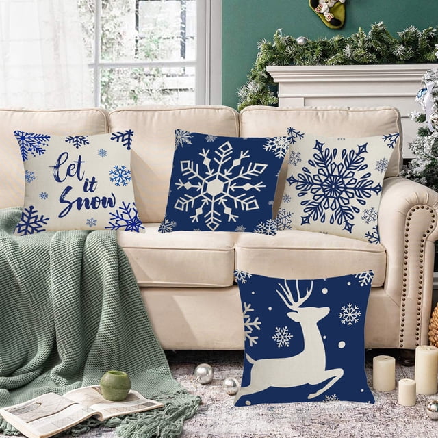 Fundas de cojín decorativas navideñas Nchkun con diseño de copos de nieve y ciervos rojos y blancos para sofá, cama y coche, color azul Nchkun