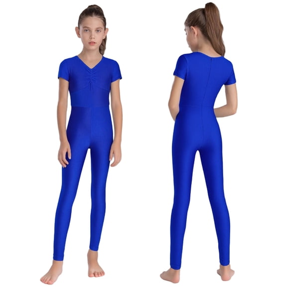 YiZYiF Girls Full Body Unitard Short Sleeve Gymnastics Leotard One Piece Ballet Dance Bodysuit Catsuit Dancewear Royal Blue 14