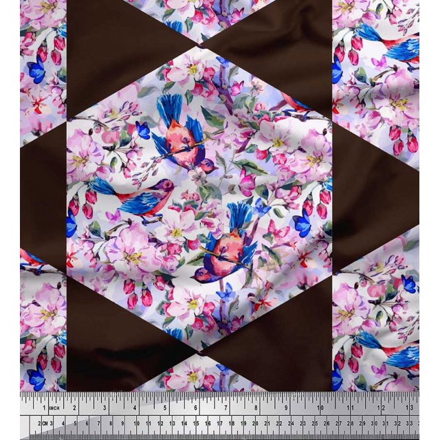 Soimoi Modal Satin Fabric Leaves,Bird & Floral Patchwork Printed Fabric 1 Yard 42 Inch Wide