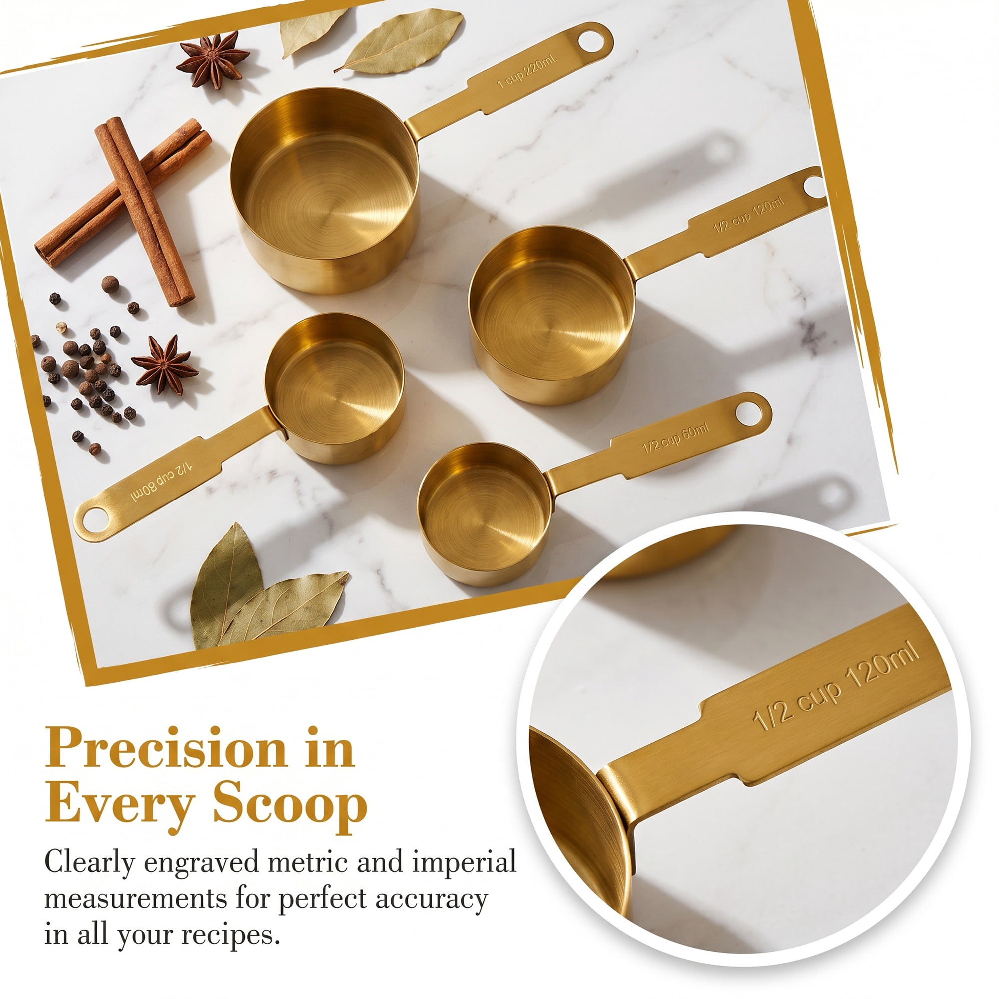 Unique Bargains Stainless Steel Measuring Cups and Spoons Set for Cooks Gold 4Pcs
